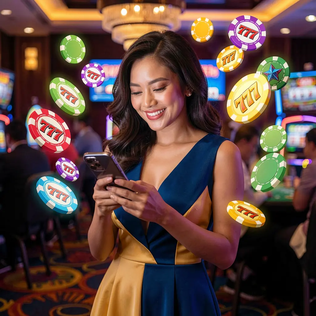 Smiling Filipino woman using the YYYYPH casino app with glowing poker chips and slot symbols floating around her