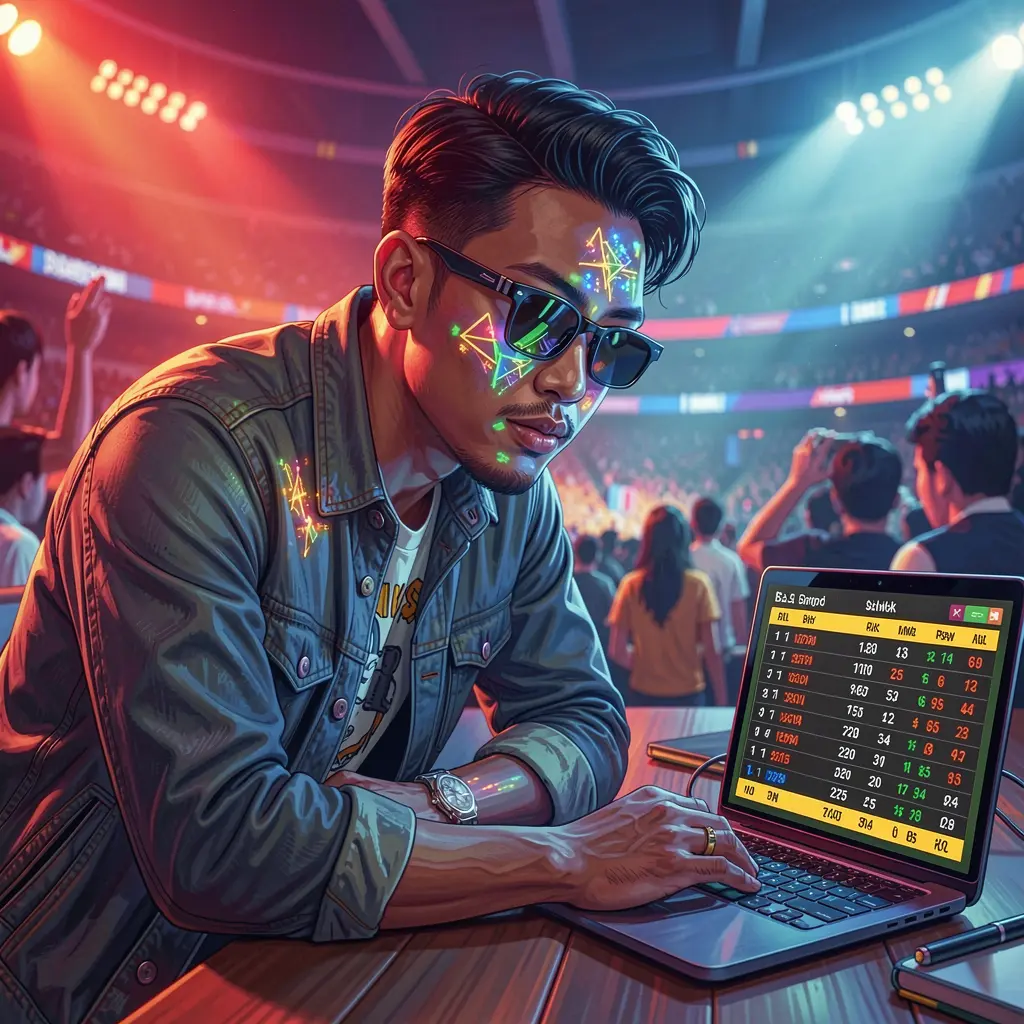 Focused Filipino bettor reviewing live basketball odds on a laptop in a dramatic stadium lighting scene using the YYYYPH betting platform