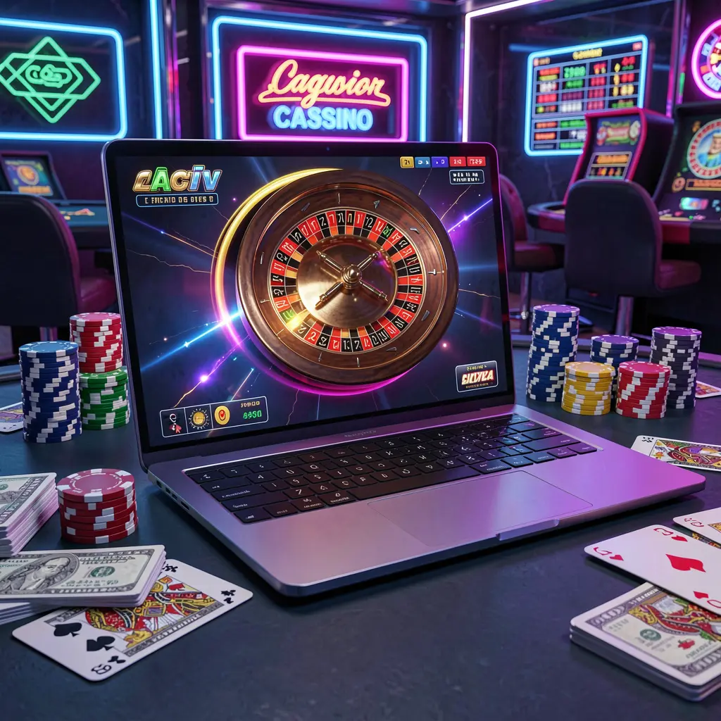 Futuristic online roulette game on a laptop surrounded by casino chips and cards showcasing the immersive YYYYPH casino experience for players in the Philippines
