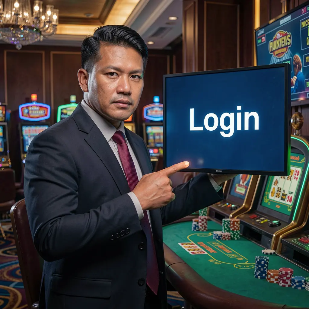 Confident Filipino casino host pointing at a glowing login screen in a modern gaming environment representing trusted access at YYYYPH Philippines